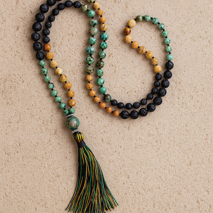 Mala Necklace "Return to Self" in Jasper, African Turquoise & Lava Stone