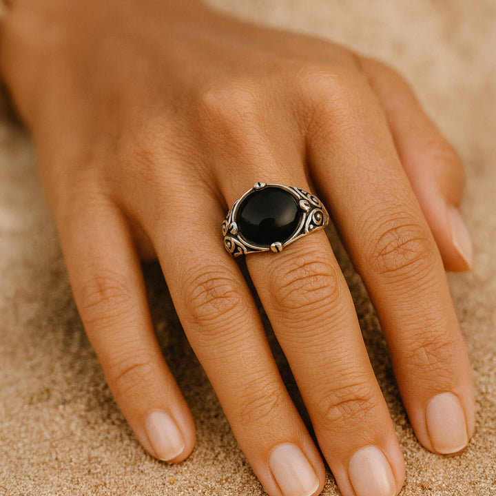 "Anchored Serenity" Ring in Black Agate & Silver