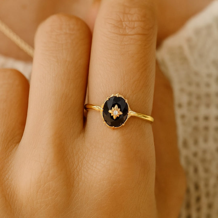 Adjustable "Nocturnal Charm" Ring in Black Agate