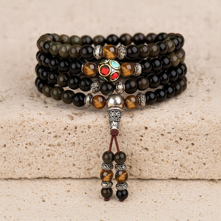 "Buddhist" Mala Bracelet in Black & Gold Obsidian