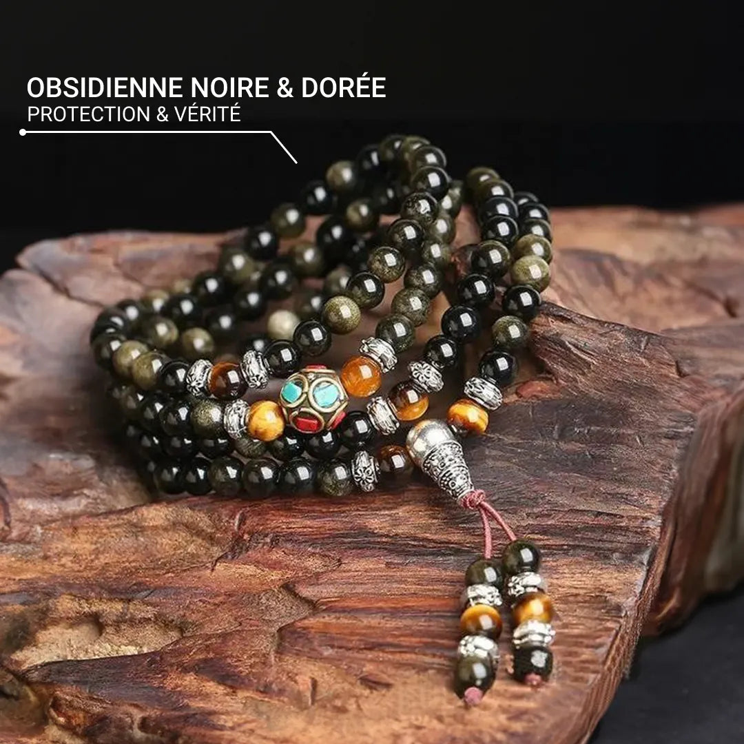 "Buddhist" Mala Bracelet in Black & Gold Obsidian