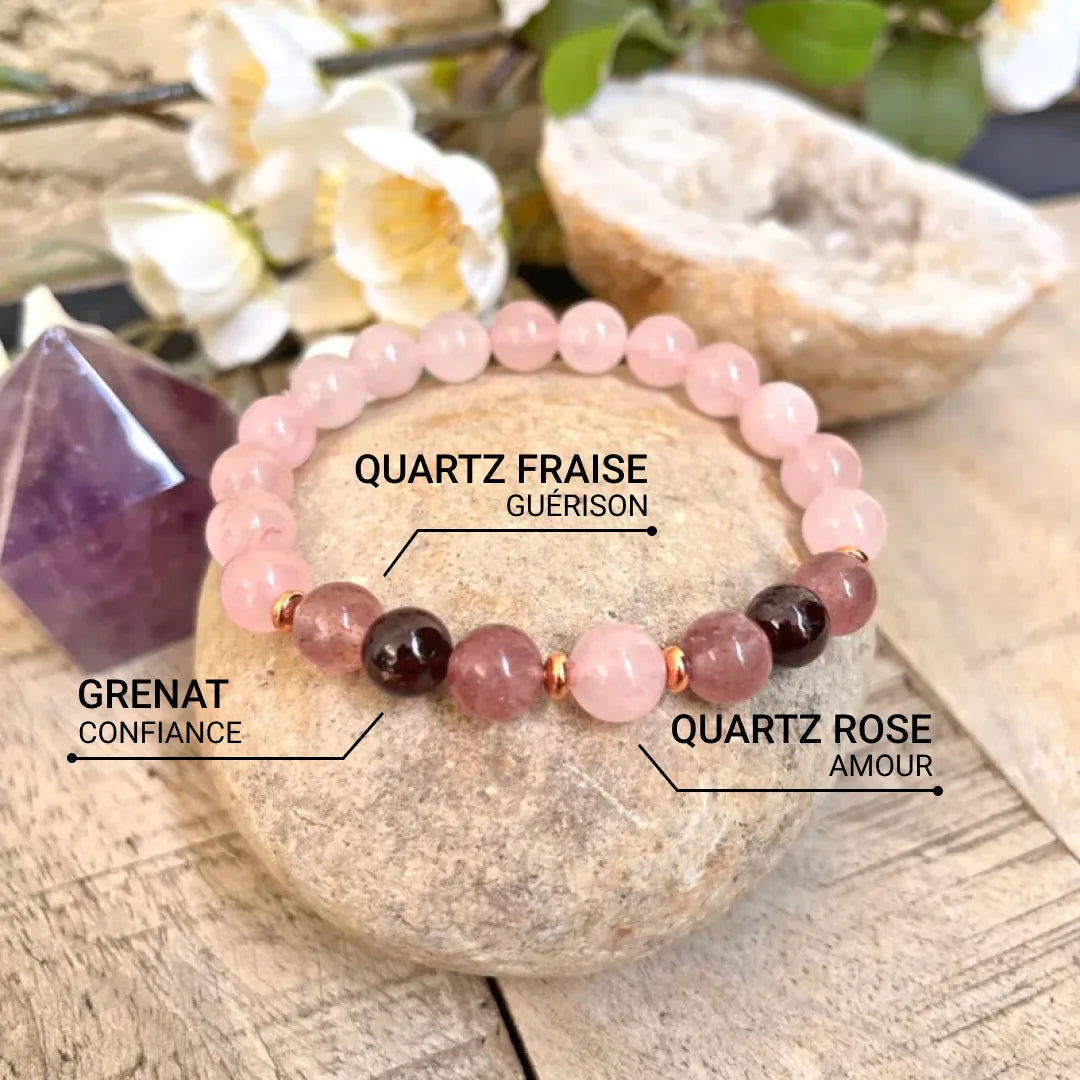 "Infinity Love" Bracelet in Rose Quartz, Garnet & Strawberry Quartz