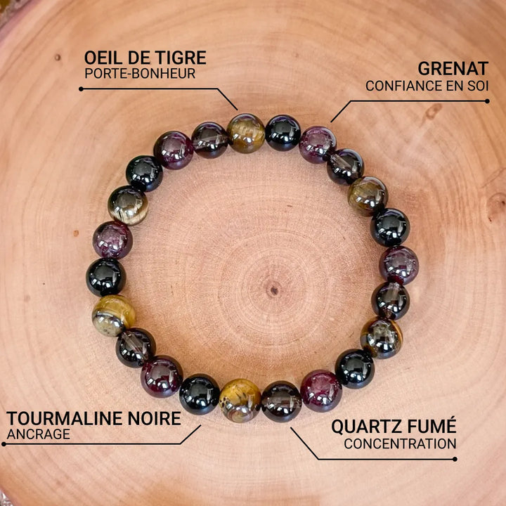 "Success & Protection" Bracelet in Tiger's Eye, Garnet, Tourmaline & Smoky Quartz