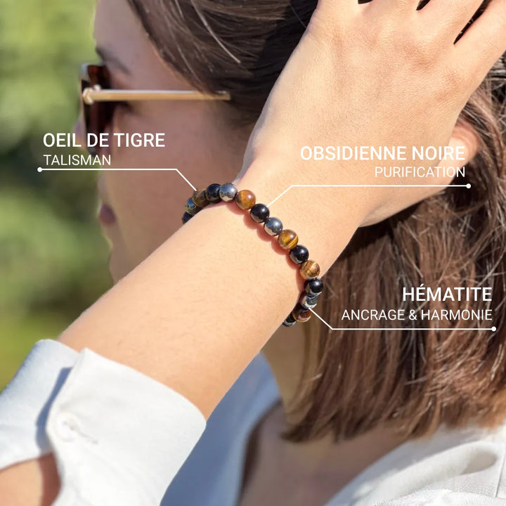 "3 Protections" Bracelet in Tiger's Eye, Hematite & Black Obsidian
