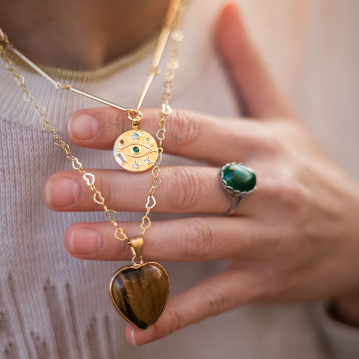 Double "Protective Heart" Necklace in Tiger's Eye
