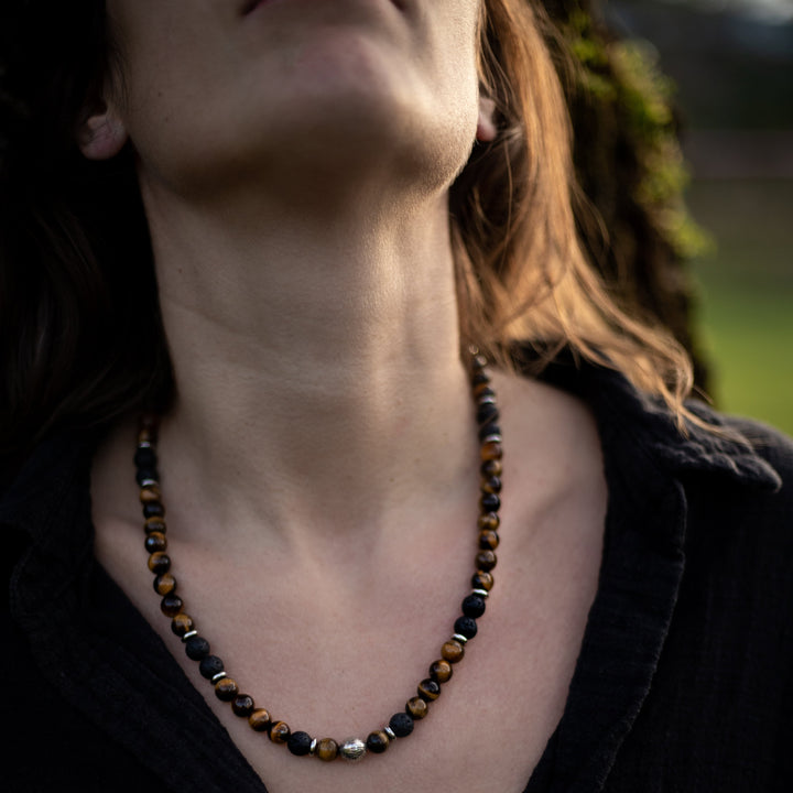 "Earth & Fire Energy" Necklace in Lava Stone & Tiger Eye