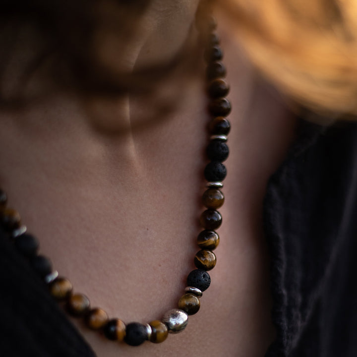 "Earth & Fire Energy" Necklace in Lava Stone & Tiger Eye