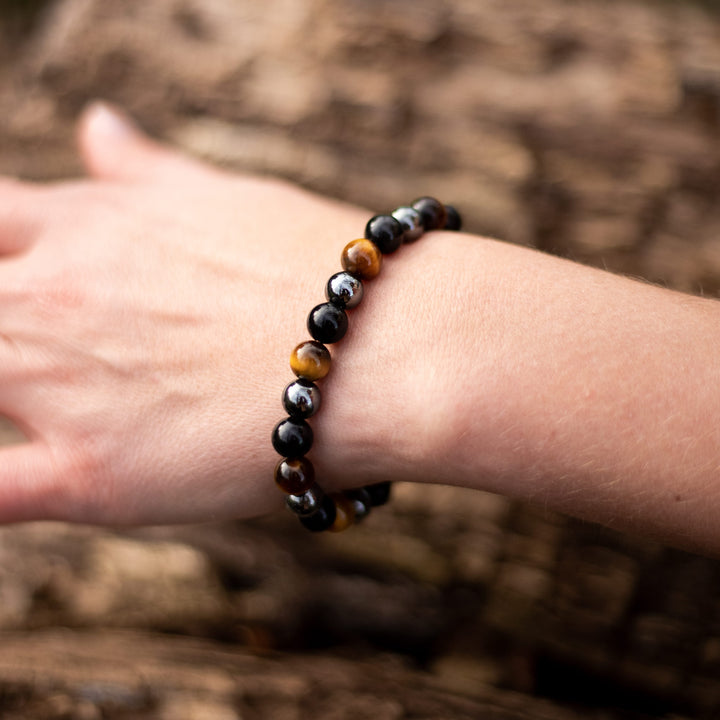 "3 Protections" Bracelet in Tiger Eye, Hematite & Black Obsidian