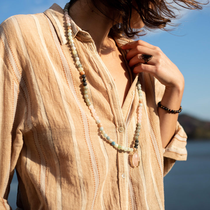 Premium Mala Necklace "Serenity of the Mind" in Labradorite, Aquamarine & Rose Quartz