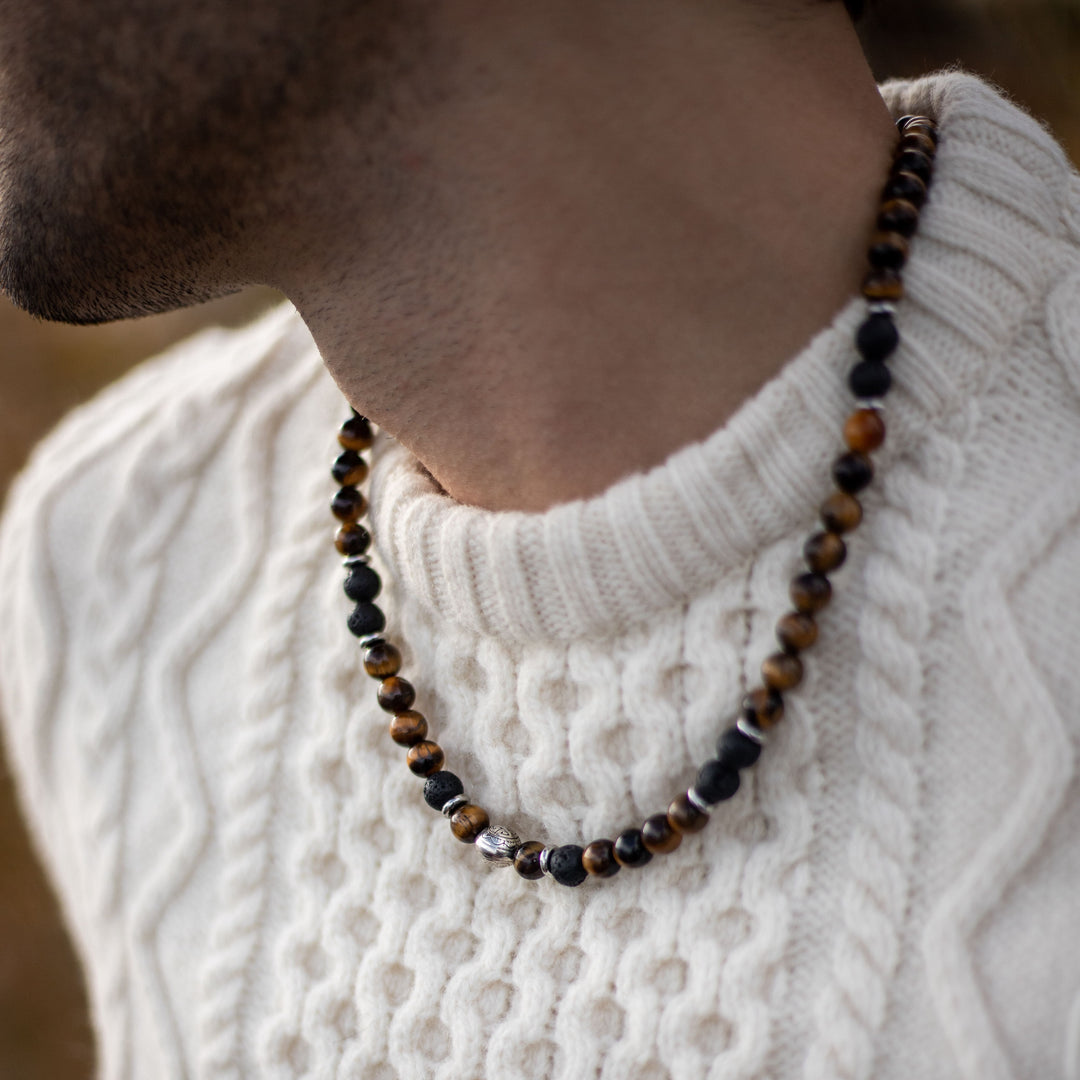 "Earth & Fire Energy" Necklace in Lava Stone & Tiger Eye