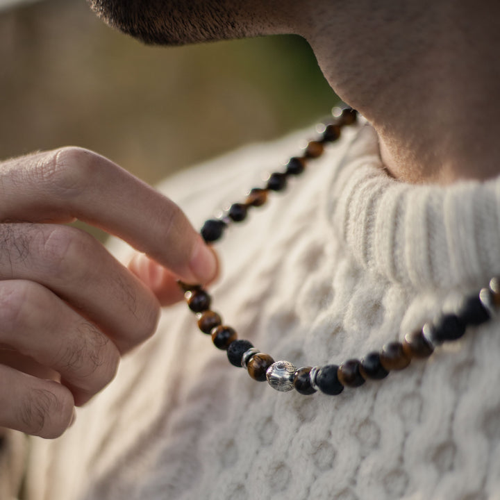 "Earth & Fire Energy" Necklace in Lava Stone & Tiger Eye