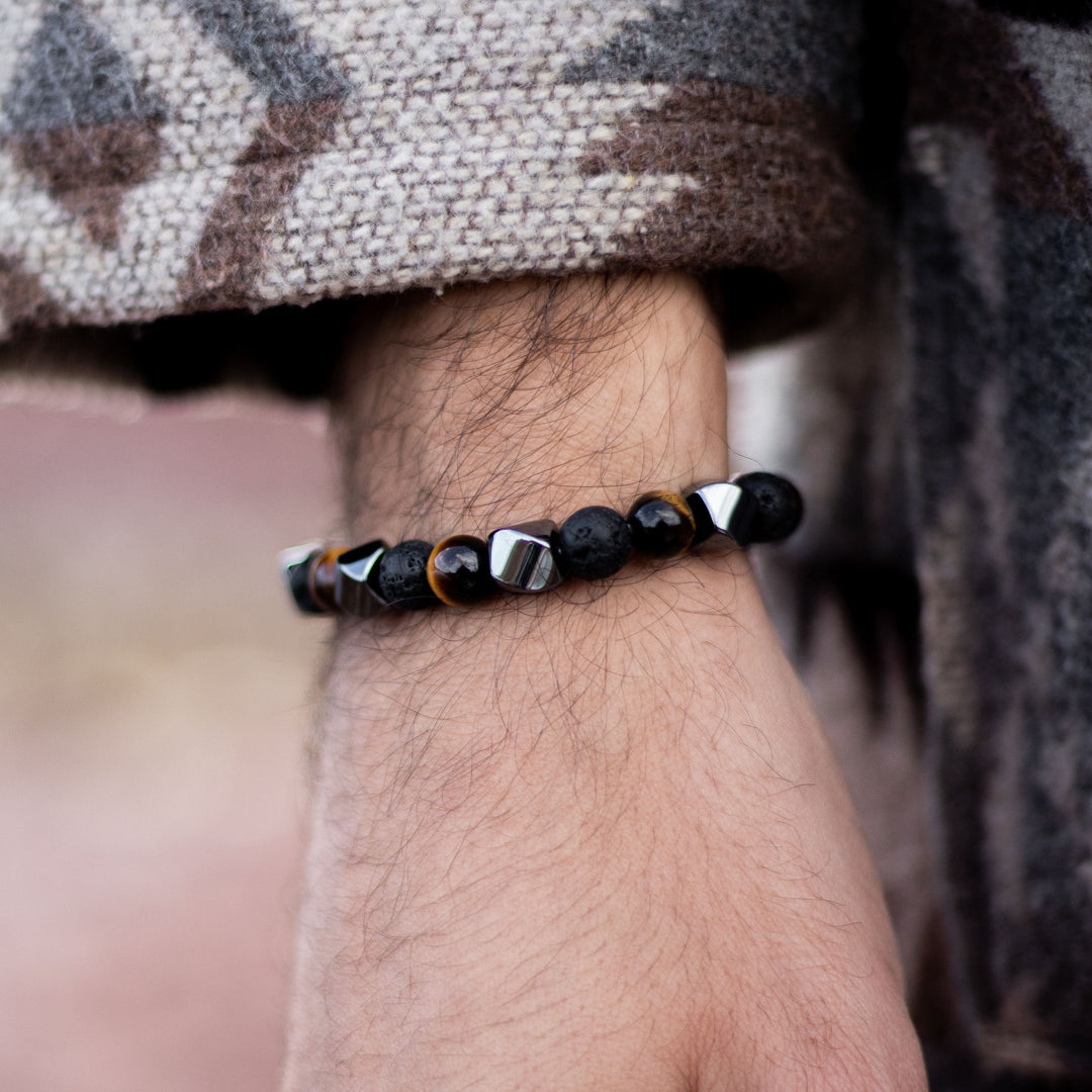 Triple Protection Bracelet in Lava Stone, Tiger Eye & Hematite
