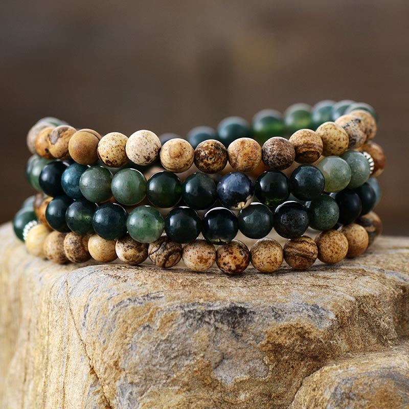 "Gaia" Mala Bracelet in Moss Agate & Landscape Jasper