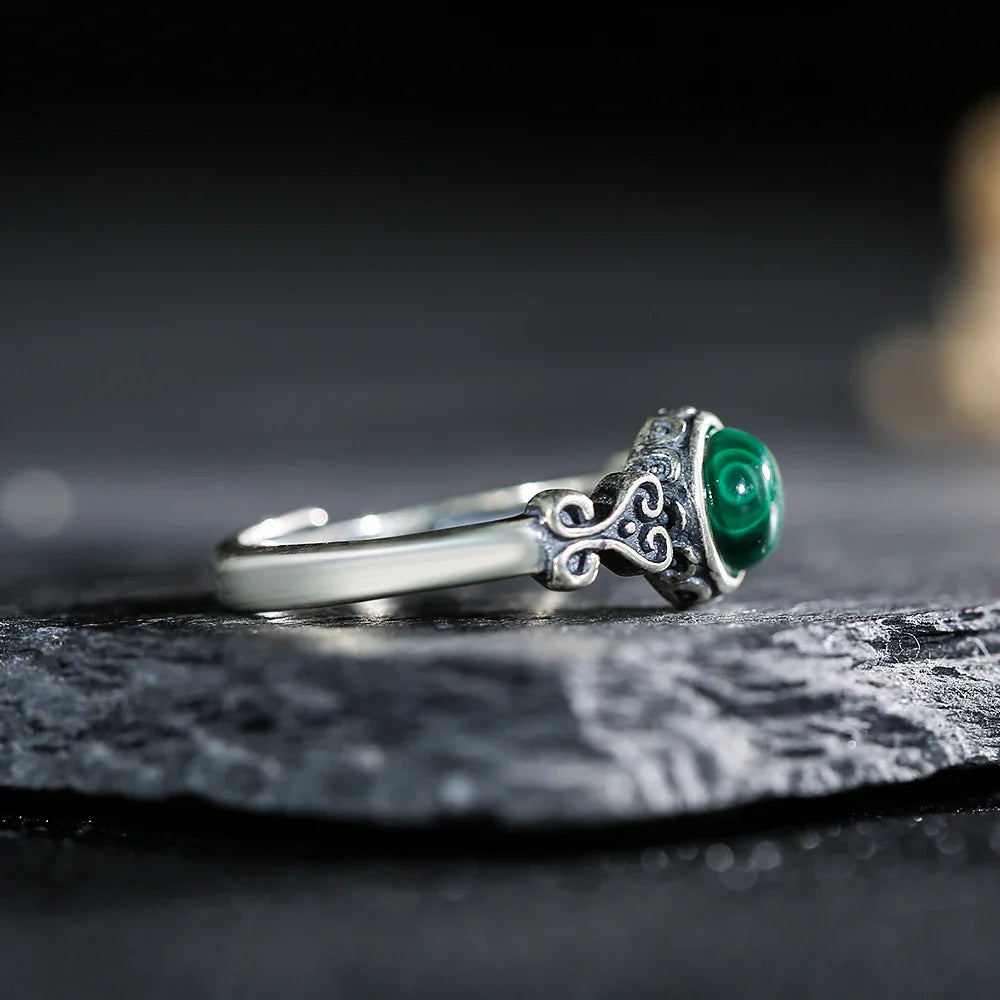 Adjustable "Heart Protection" Ring in Malachite & Silver