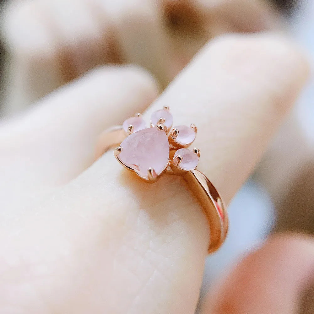 Adjustable Ring "My Heart on Paws" in Rose Quartz