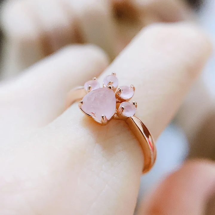 Adjustable Ring "My Heart on Paws" in Rose Quartz
