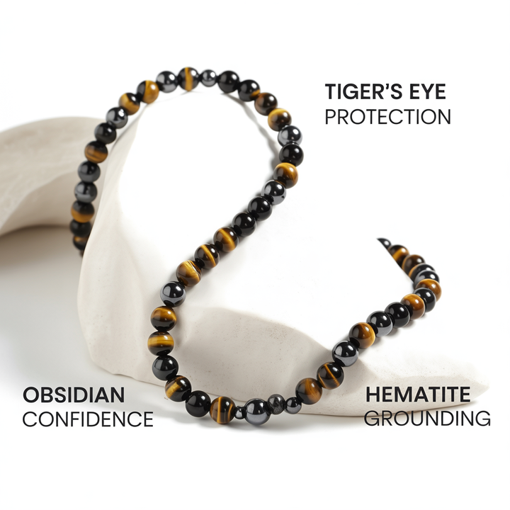 "3 Protections" Necklace in Hematite, Obsidian & Tiger Eye