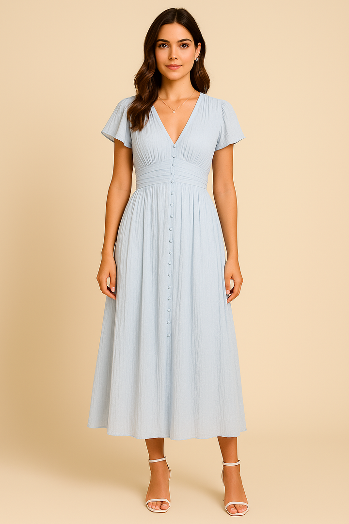SOHO | Women's Maxi Dress Airy-Light with Button Placket and Puff Sleeves