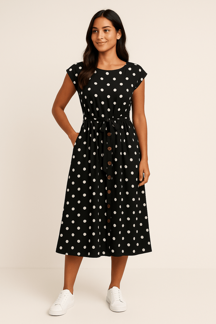 SOHO | Women's Midi Dress with Polka Dot Pattern and Tie Belt