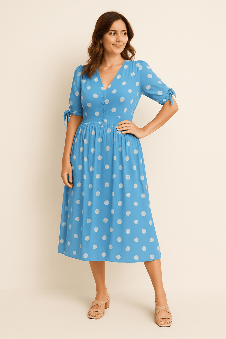 SOHO | Women's Midi Dress Light and Airy with Dots and Tie Belt