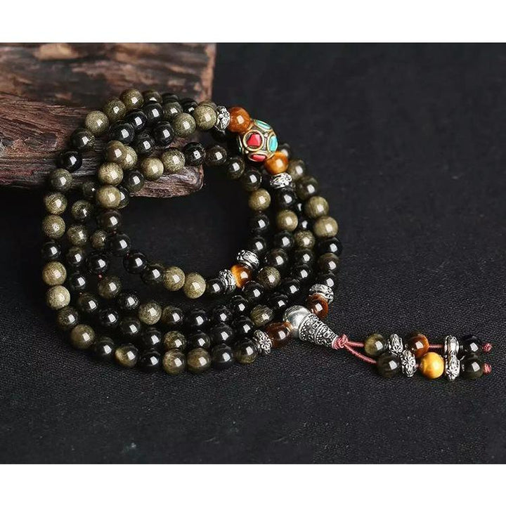 "Buddhist" Mala Bracelet in Black & Gold Obsidian