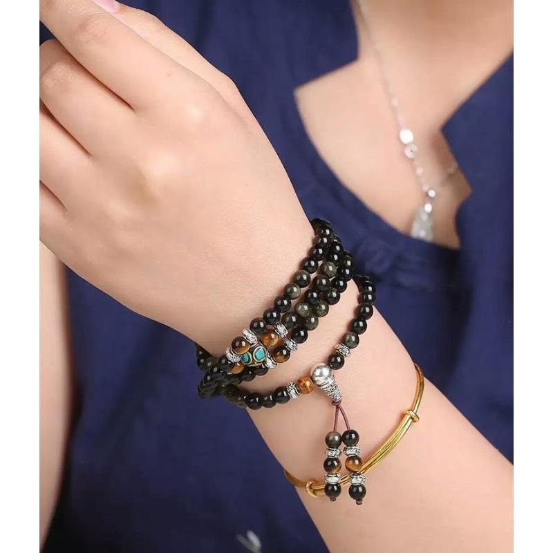 "Buddhist" Mala Bracelet in Black & Gold Obsidian