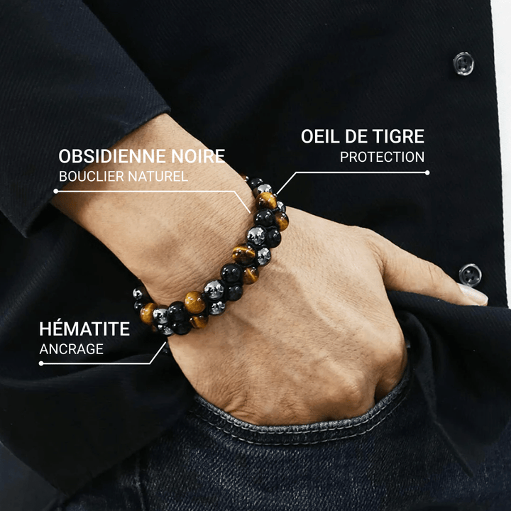 Adjustable Braided Bracelet "Triple Protections" in Hematite, Tiger Eye & Obsidian