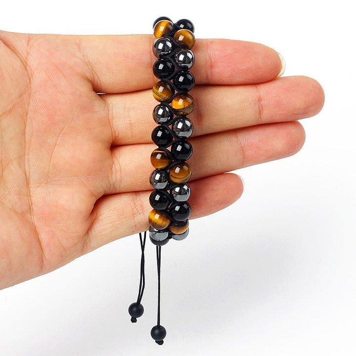 Adjustable Woven Bracelet "Triple Protections" in Hematite, Tiger's Eye & Obsidian