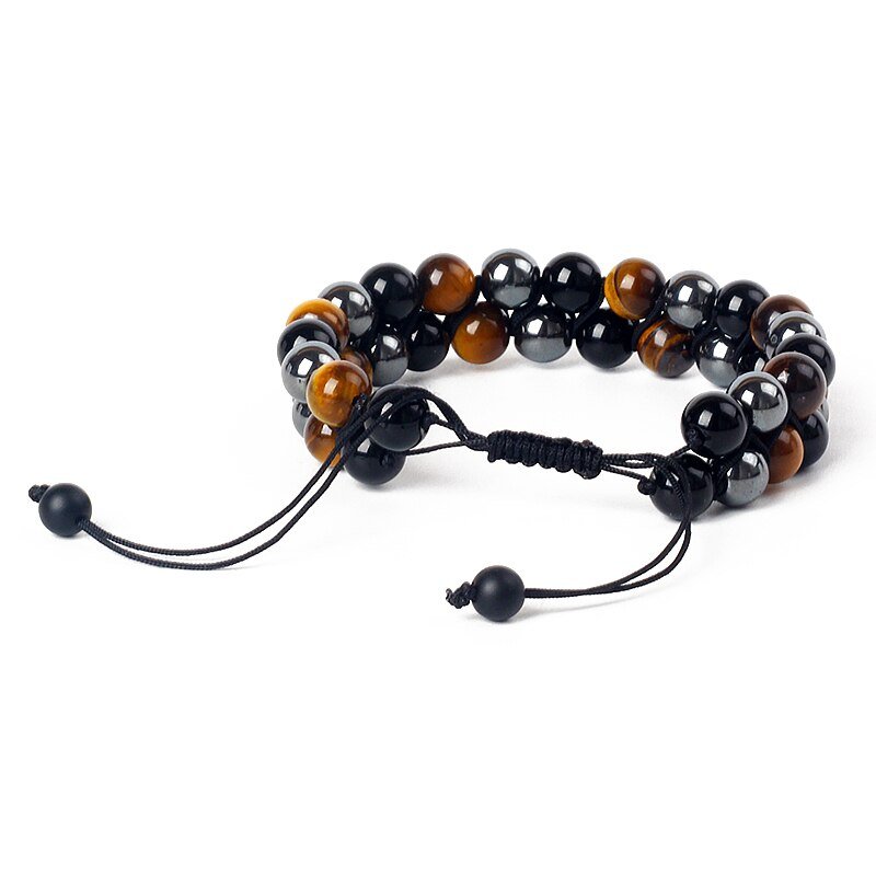 Adjustable Woven Bracelet "Triple Protections" in Hematite, Tiger's Eye & Obsidian