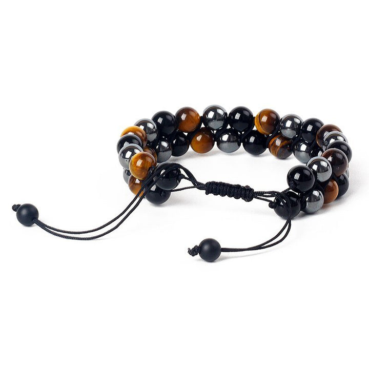 Adjustable Woven Bracelet "Triple Protections" in Hematite, Tiger's Eye & Obsidian