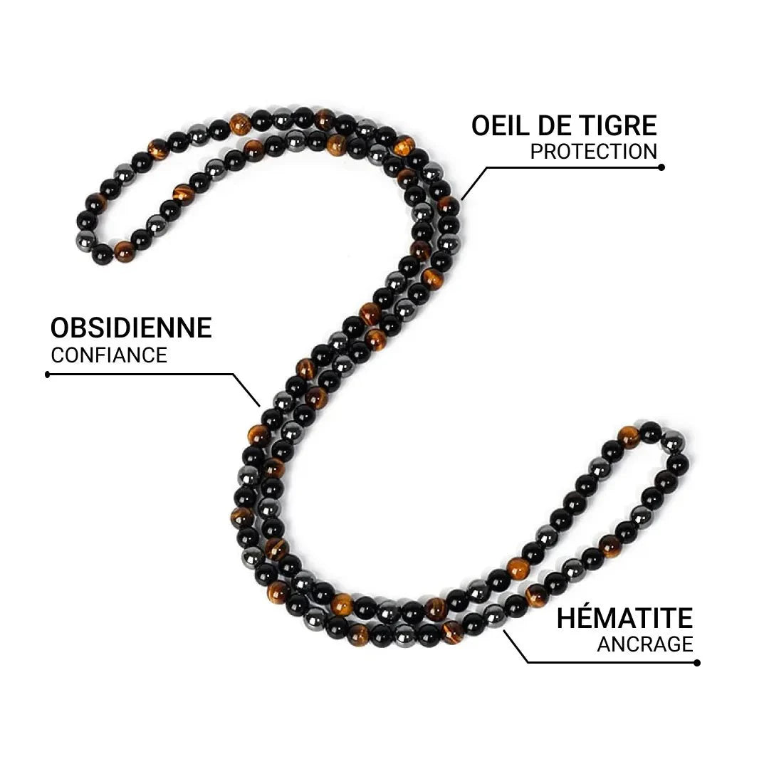 "3 Protections" Necklace in Hematite, Obsidian & Tiger's Eye