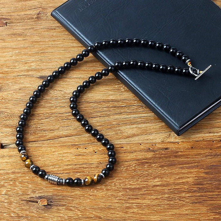 "Shield of Wisdom" Necklace in Black Obsidian & Tiger's Eye