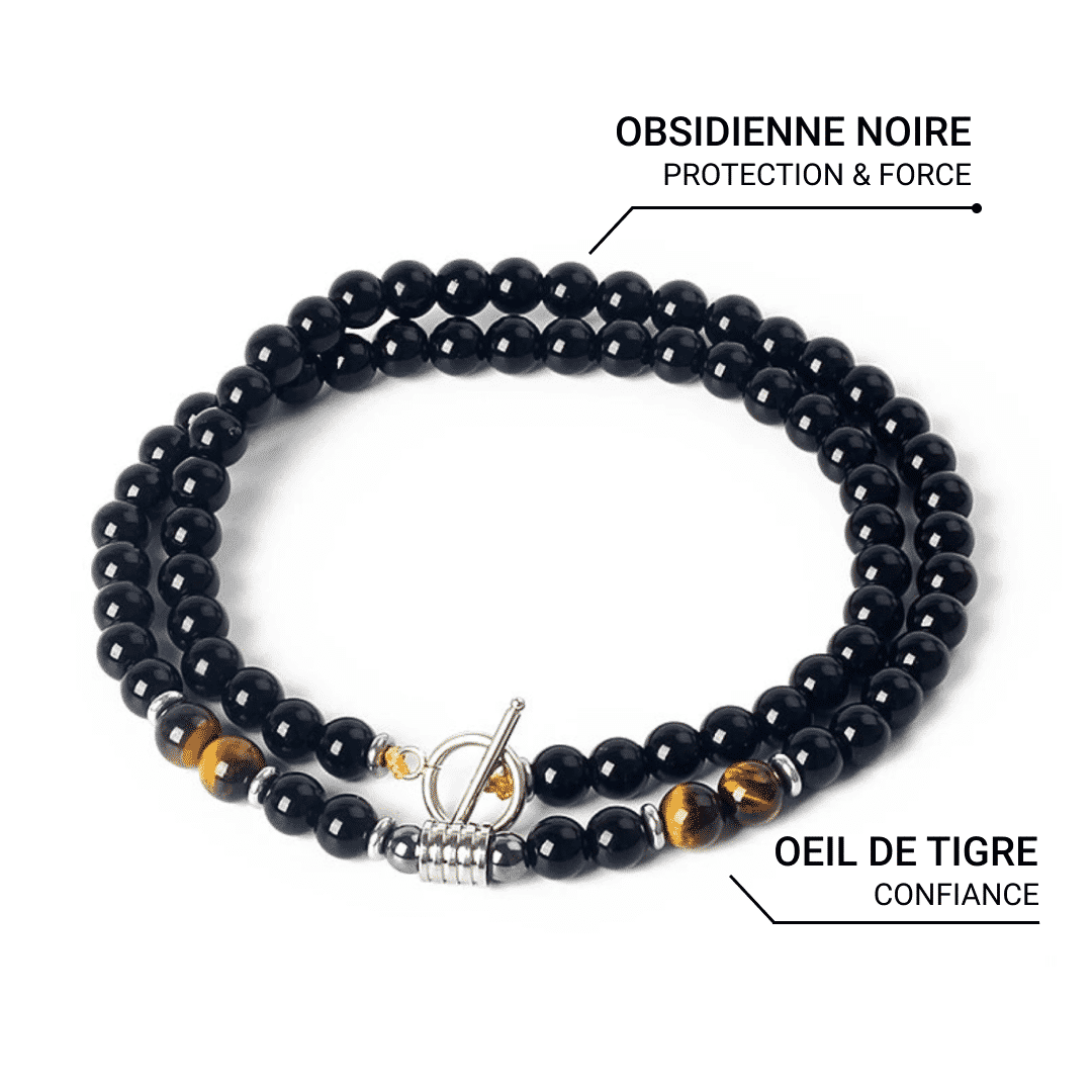 "Shield of Wisdom" Necklace in Black Obsidian & Tiger's Eye