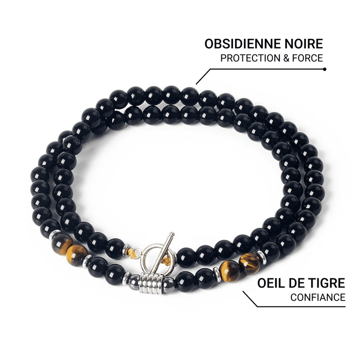 "Shield of Wisdom" Necklace in Black Obsidian & Tiger's Eye