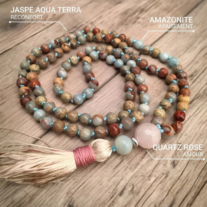 Mala Necklace 108 Beads in Aqua Terra Jasper, Amazonite & Rose Quartz