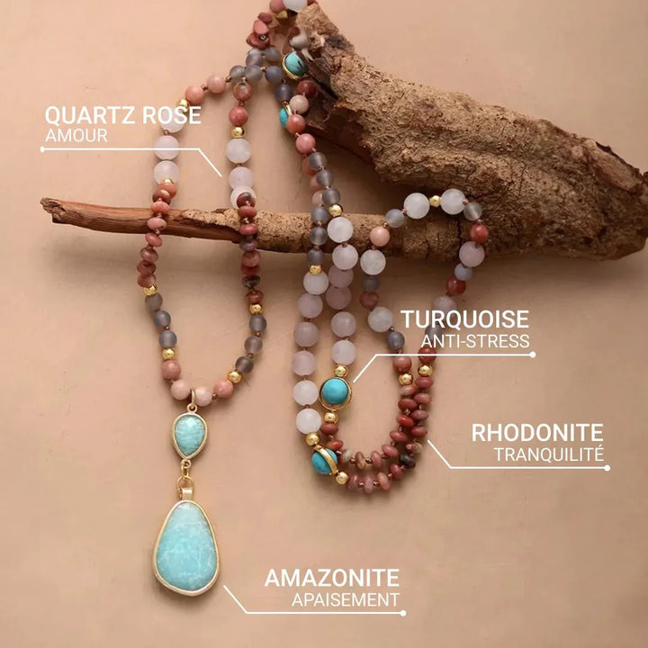Ethnic Mala Necklace in Turquoise, Amazonite, Rose Quartz & Rhodonite