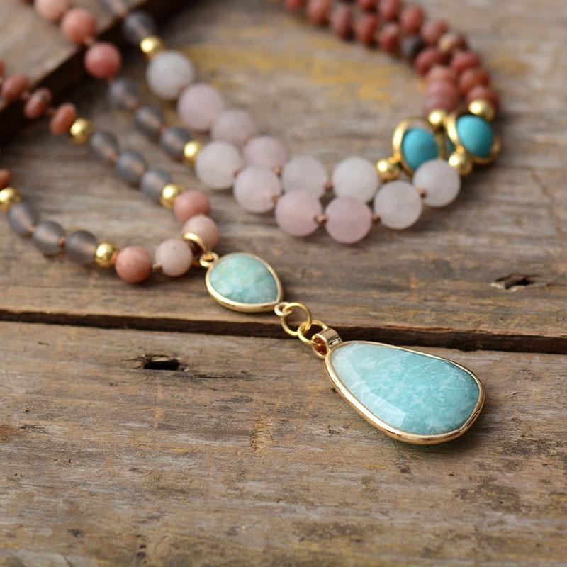 Ethnic Mala Necklace in Turquoise, Amazonite, Rose Quartz & Rhodonite