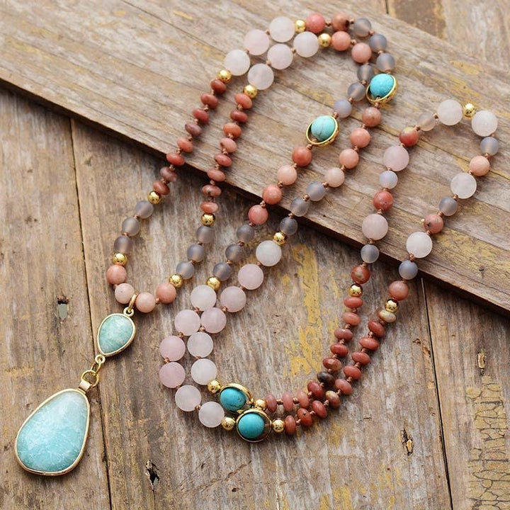 Ethnic Mala Necklace in Turquoise, Amazonite, Rose Quartz & Rhodonite