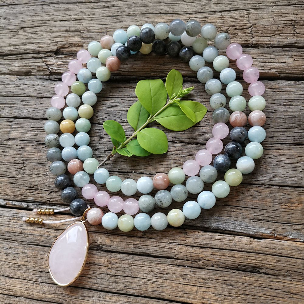 Premium Mala Necklace "Serenity of the Mind" in Labradorite, Aquamarine & Rose Quartz