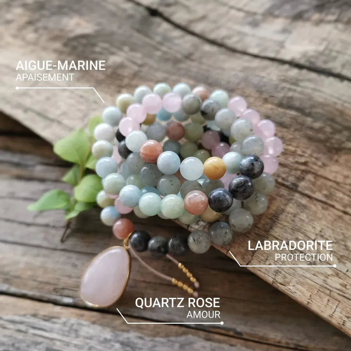 Premium Mala Necklace "Serenity of the Mind" in Labradorite, Aquamarine & Rose Quartz