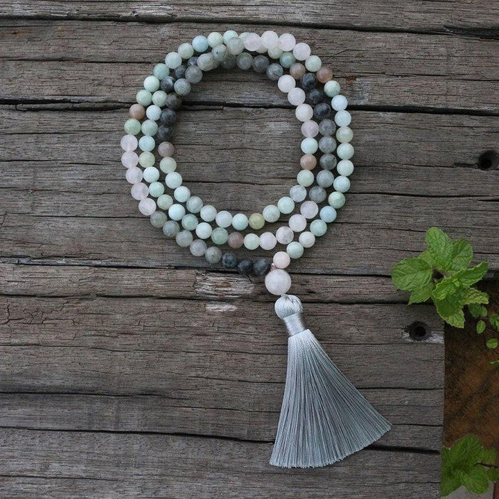 Premium Mala Necklace "Serenity of the Mind" in Labradorite, Aquamarine & Rose Quartz