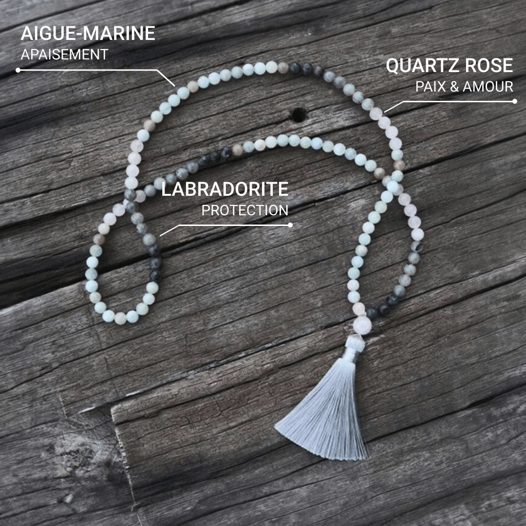 Premium Mala Necklace "Serenity of the Mind" in Labradorite, Aquamarine & Rose Quartz