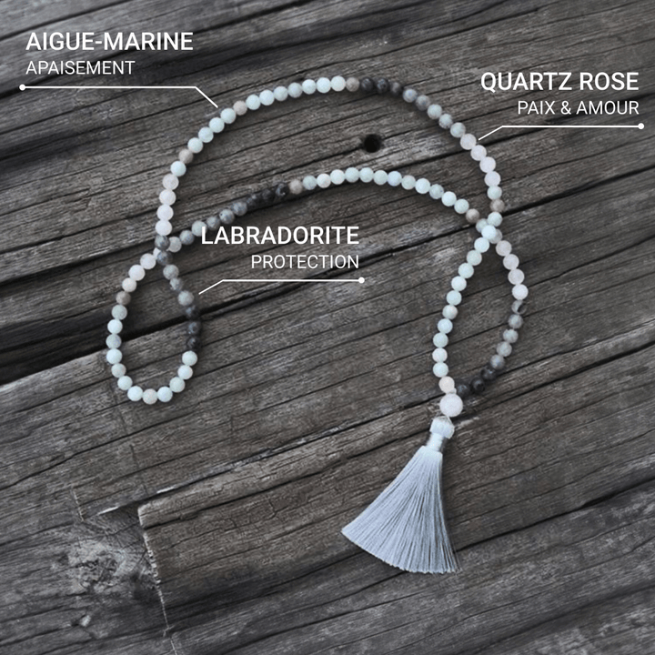 Premium Mala Necklace "Serenity of the Mind" in Labradorite, Aquamarine & Rose Quartz