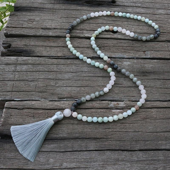 Premium Mala Necklace "Serenity of the Mind" in Labradorite, Aquamarine & Rose Quartz