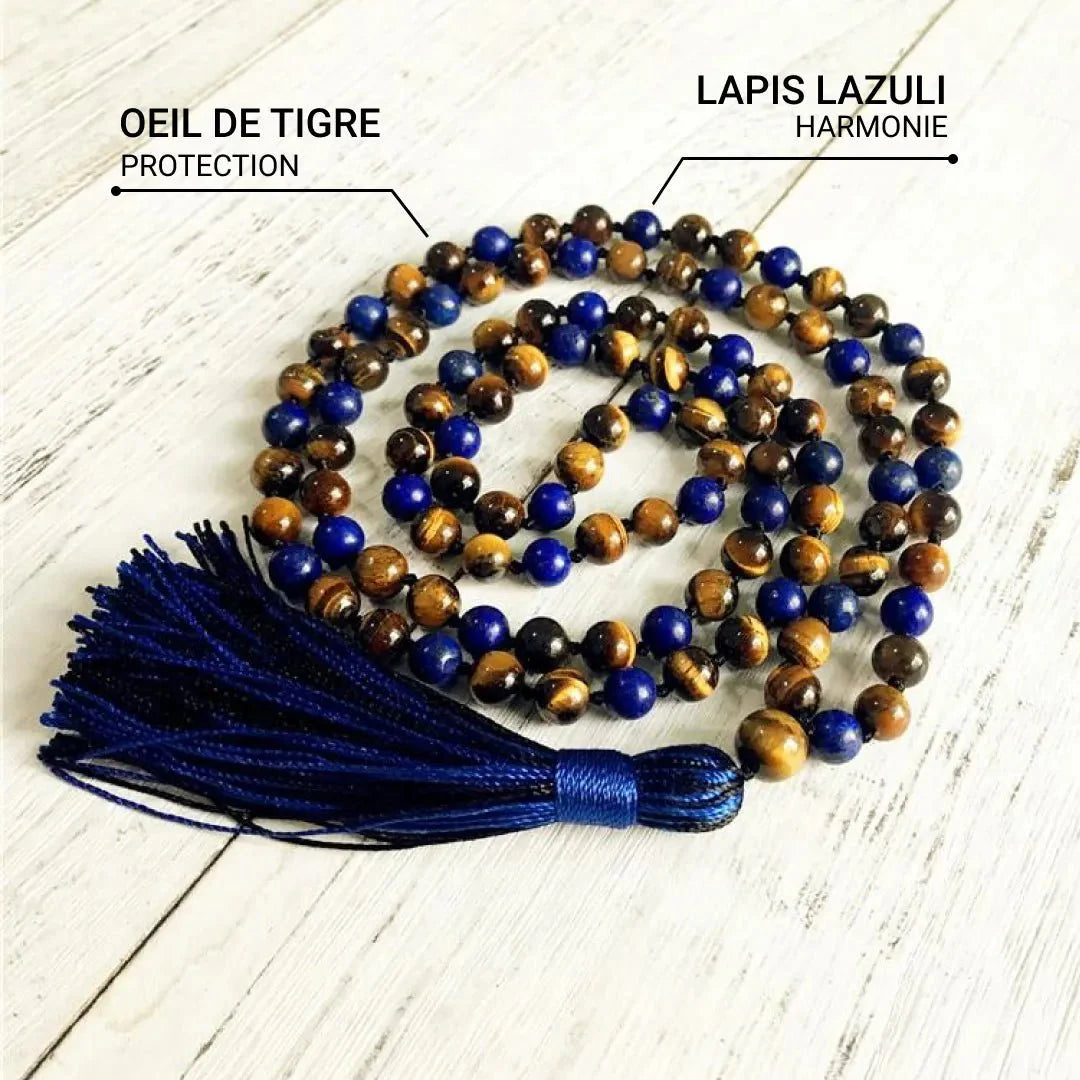 Mala Necklace "Protection & Communication" in Lapis Lazuli & Tiger Eye