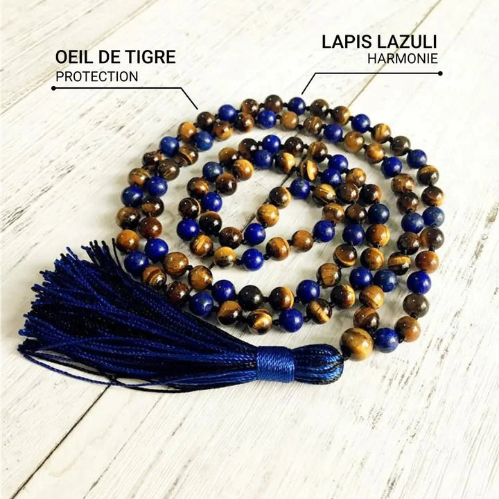 Mala Necklace "Protection & Communication" in Lapis Lazuli & Tiger Eye
