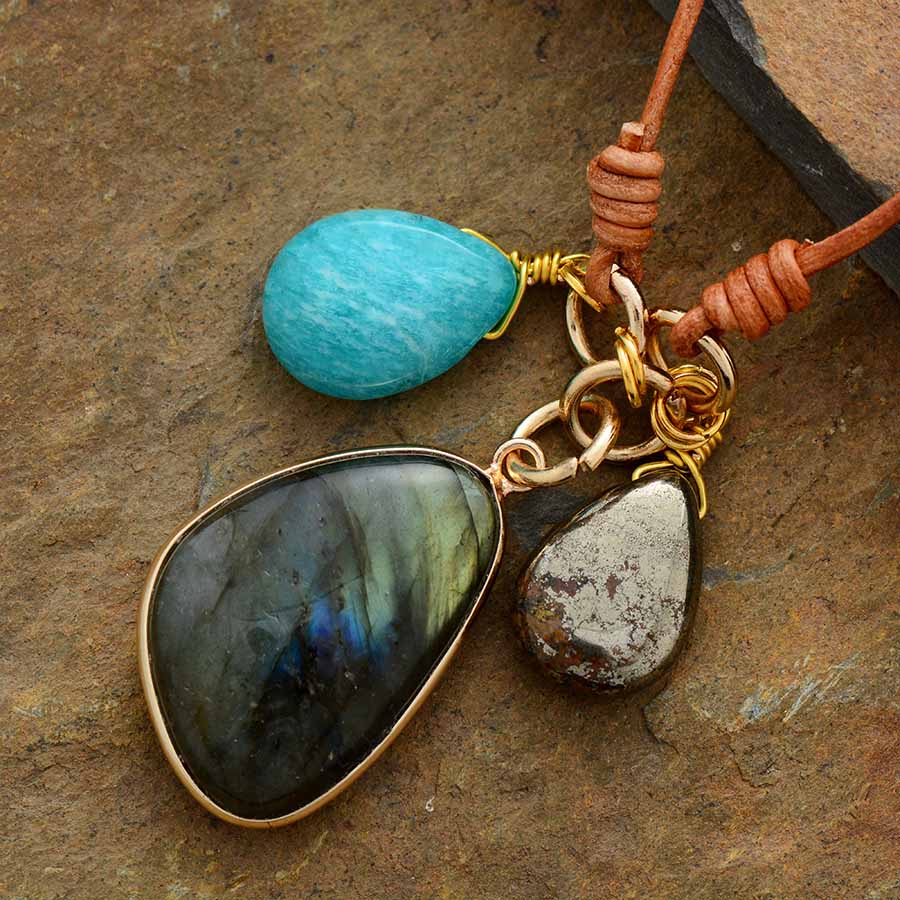 "Trio Sacré" Pendant Necklace in Amazonite, Labradorite & Pyrite