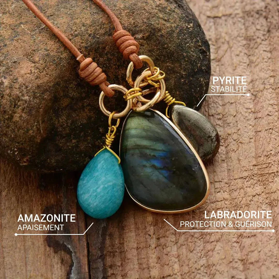 "Trio Sacred" Pendant Necklace in Amazonite, Labradorite & Pyrite