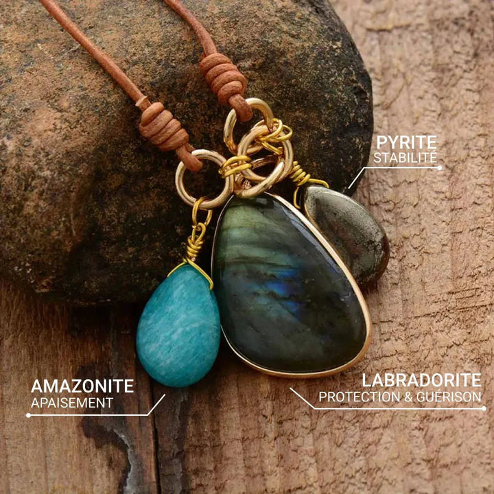 "Trio Sacred" Pendant Necklace in Amazonite, Labradorite & Pyrite