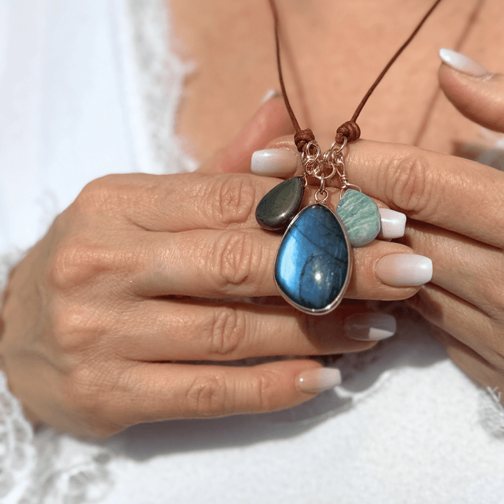 "Trio Sacré" Pendant Necklace in Amazonite, Labradorite & Pyrite